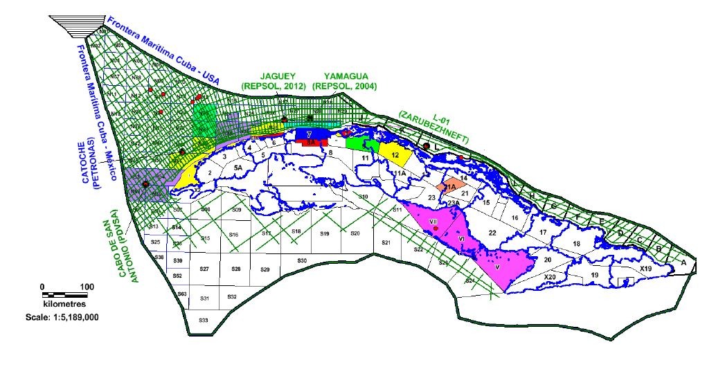 Blocos delimitados em Cuba, nas bacias terrestres e na ZEE (Golfo do México) – CUPET